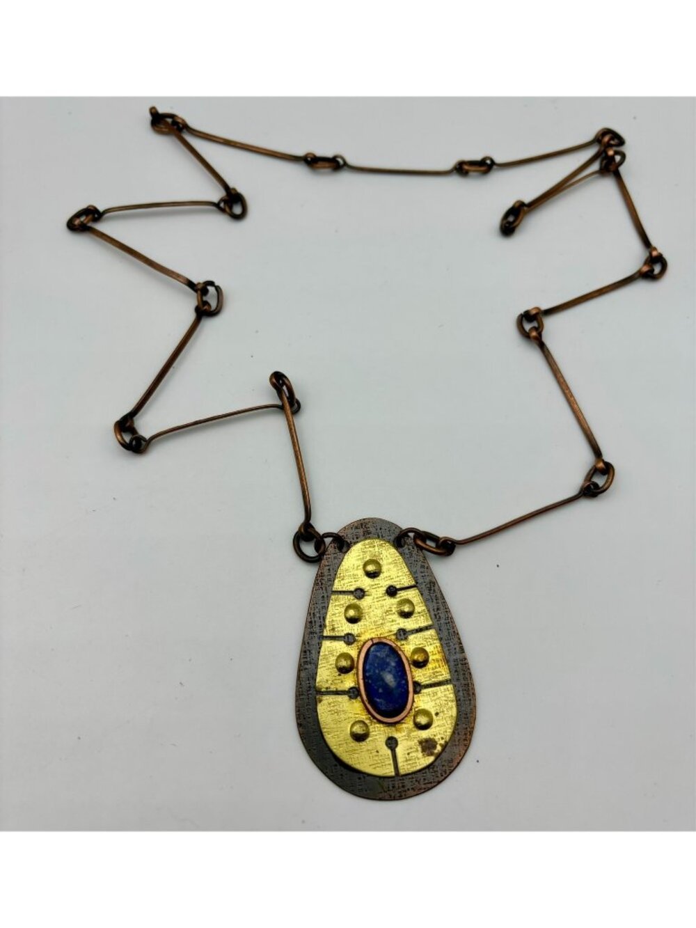 1970s Copper Brass Blue Stone Artisan Southwestern Necklace